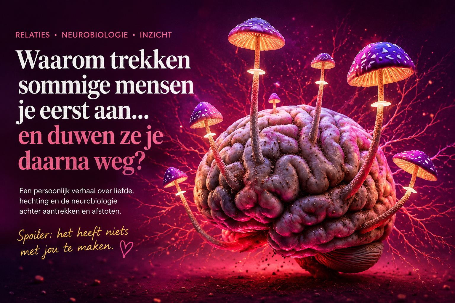 Illustratie van een brein met psychedelische paddenstoelen als symbool voor neurobiologie, psychedelica, hechting en emotionele verbinding.