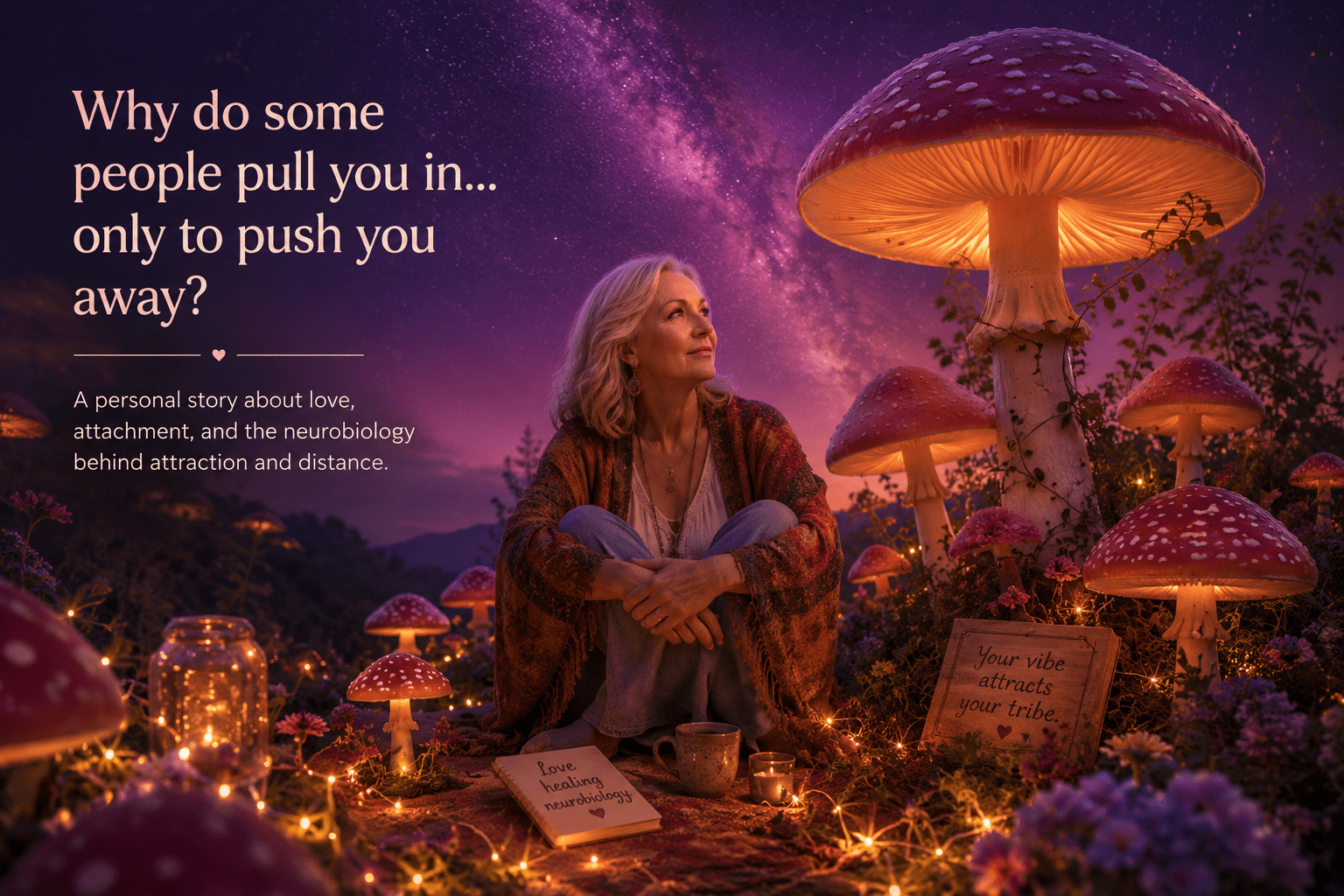 Woman sitting in a magical mushroom forest at night, reflecting on love, attachment and the neurobiology of attraction and emotional distance.