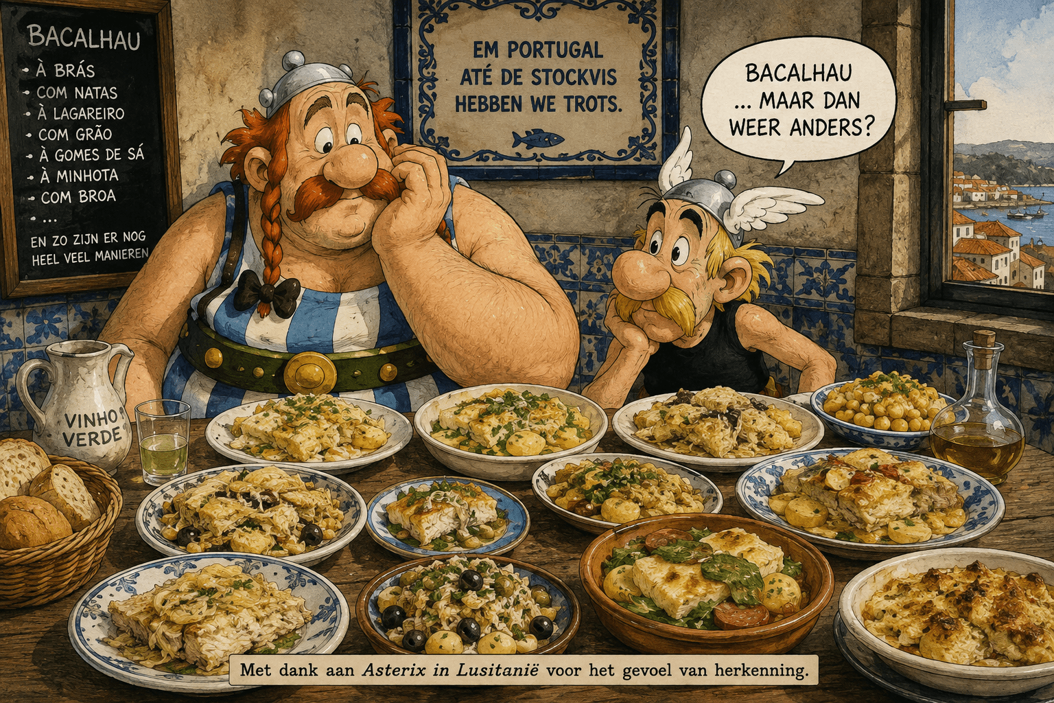 Humoristische illustratie van twee reizigers aan een Portugese tafel vol verschillende bacalhau-gerechten