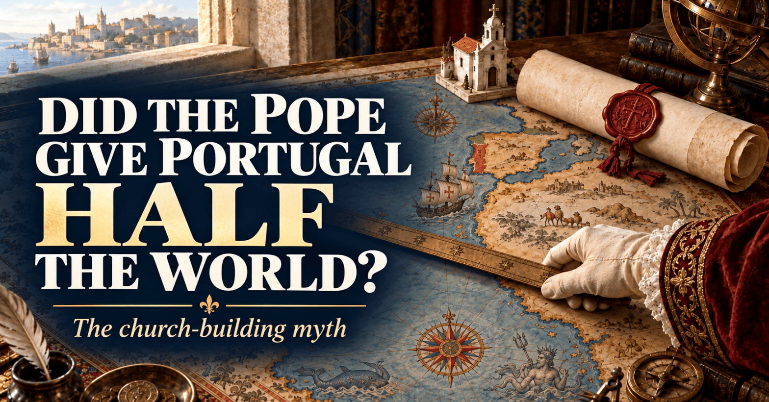 Antieke kaart van Portugal met een pauselijke oorkonde en een kerk. Op de afbeelding staat: “Did the Pope give Portugal half the world?”