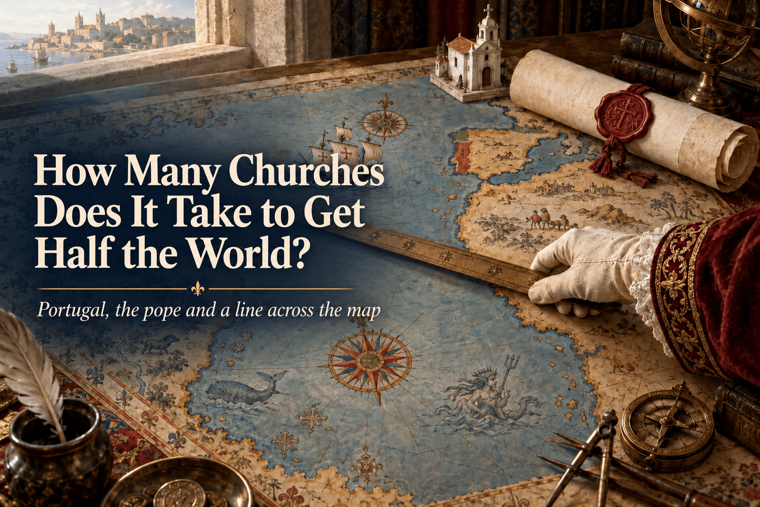 An illustrated old map divided with a ruler, beside a church and a papal scroll. Text: “How Many Churches Does It Take to Get Half the World?”