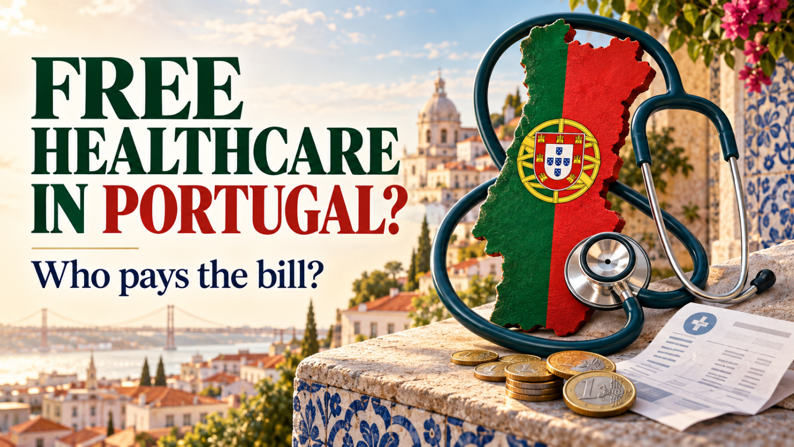 Map of Portugal with a stethoscope and euro coins. Text: “Free healthcare in Portugal? Who pays the bill?